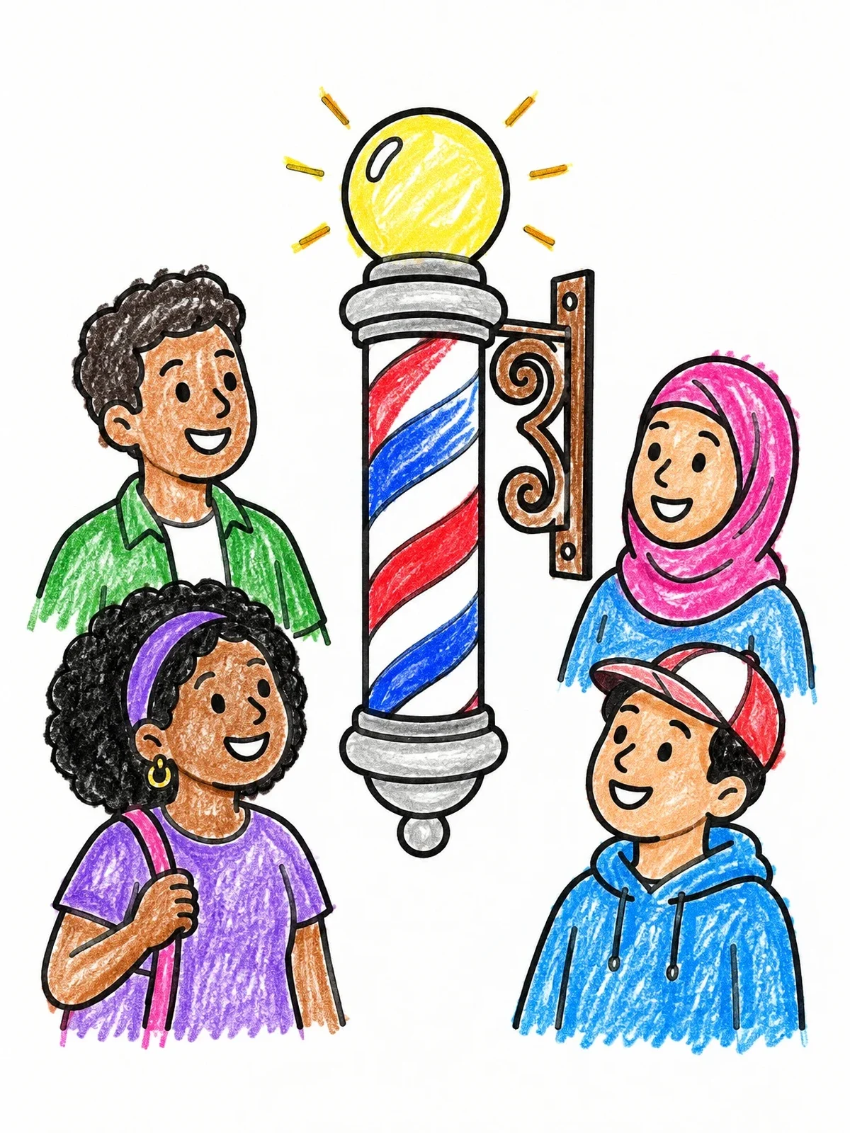 Colored example of the Kids Admiring A Barber Pole coloring page