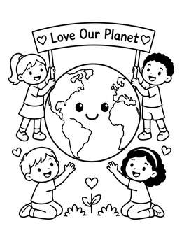 Children holding a banner around the globe in this earth coloring page.