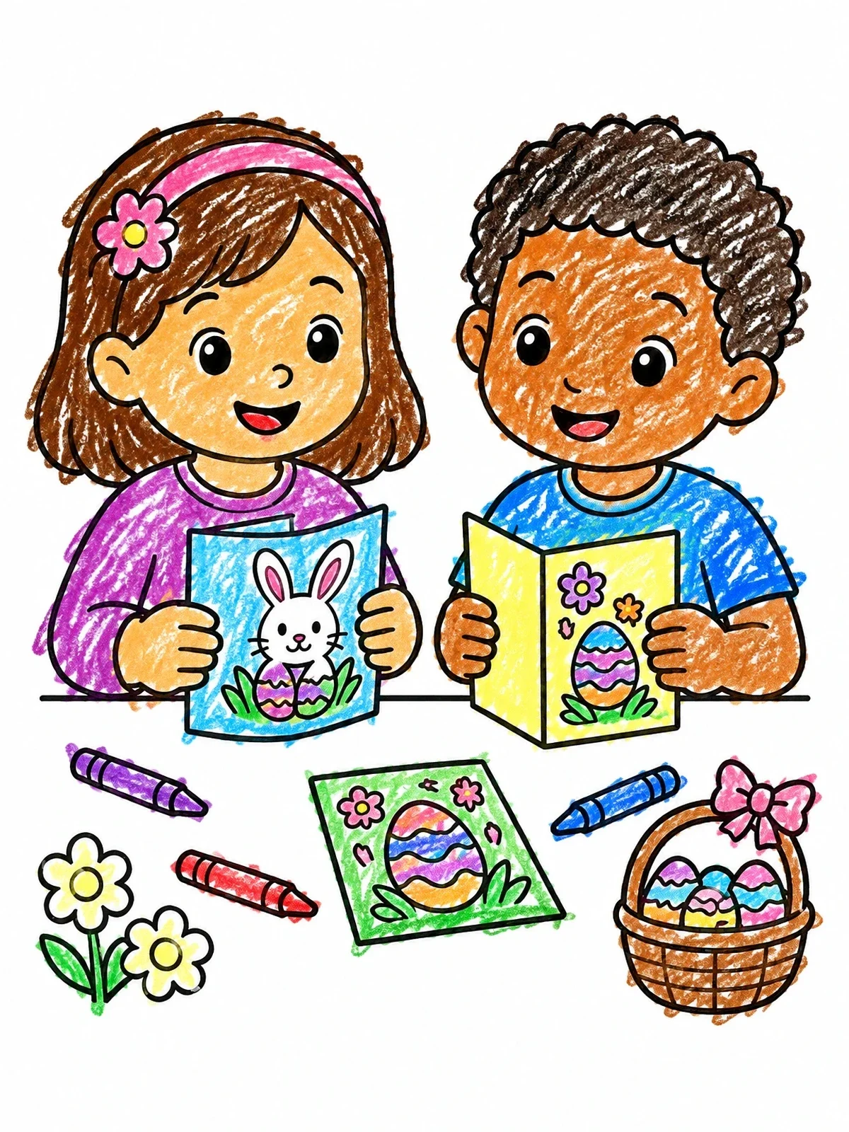 Colored example of the Kids Crafting Easter Greeting Cards coloring page