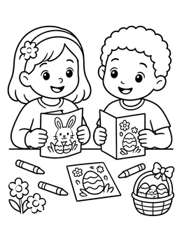 A boy and girl smile with an easter cards coloring page featuring bunnies and eggs.