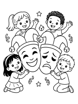 Free printable Children With Mardi Gras Theater Masks coloring page
