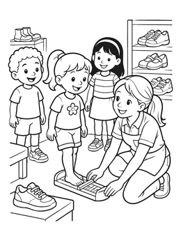 Free printable Measuring Foot Size In Shoe Store coloring page
