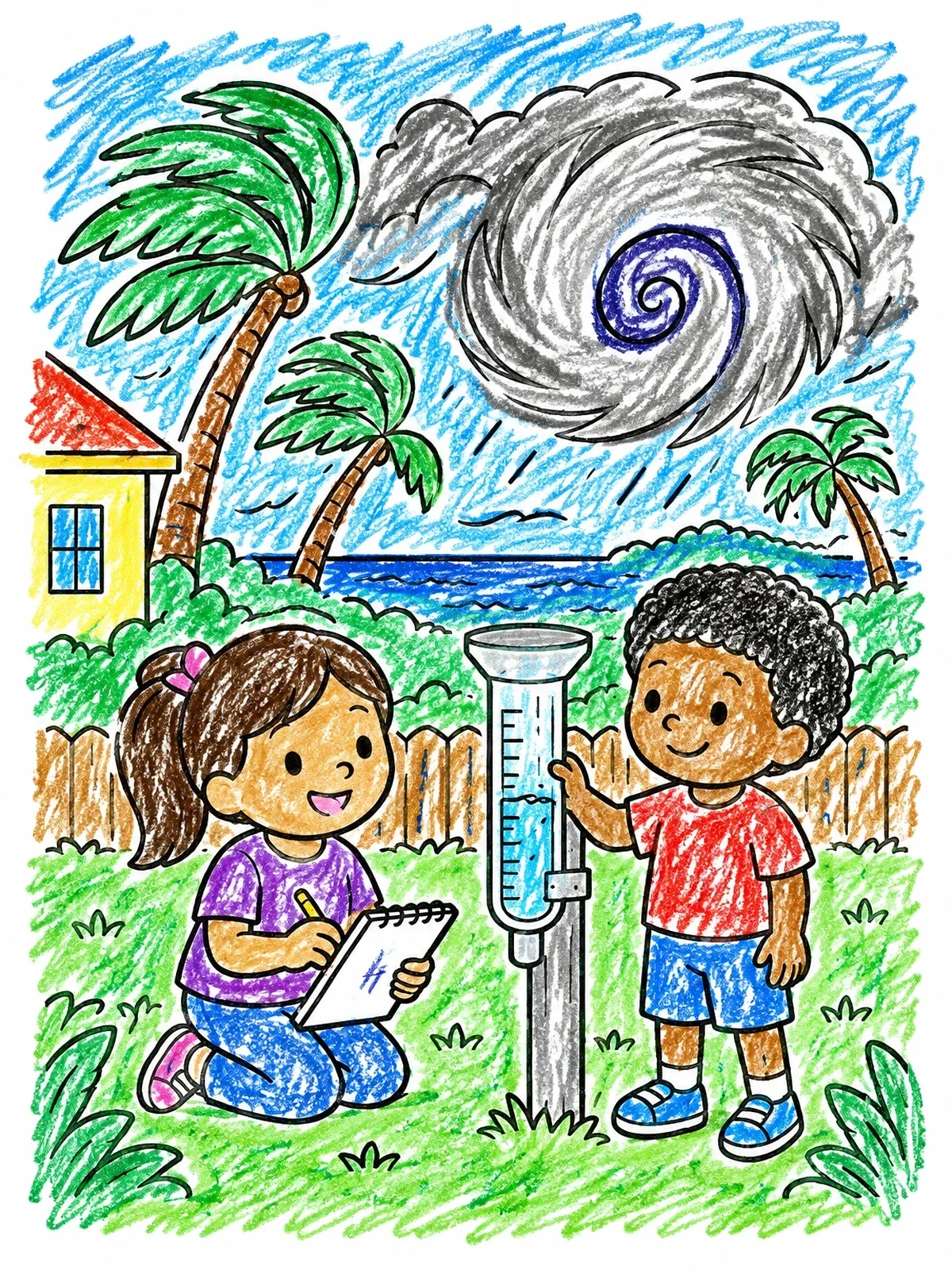 Colored example of the Kids Measuring Storm Rainfall coloring page