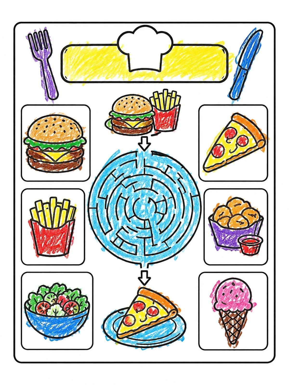 Colored example of the Kids Menu Activity Placemat Maze coloring page