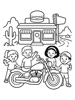 Happy children stand by a cruiser in this motorcycle coloring page set in front of a desert burger diner.