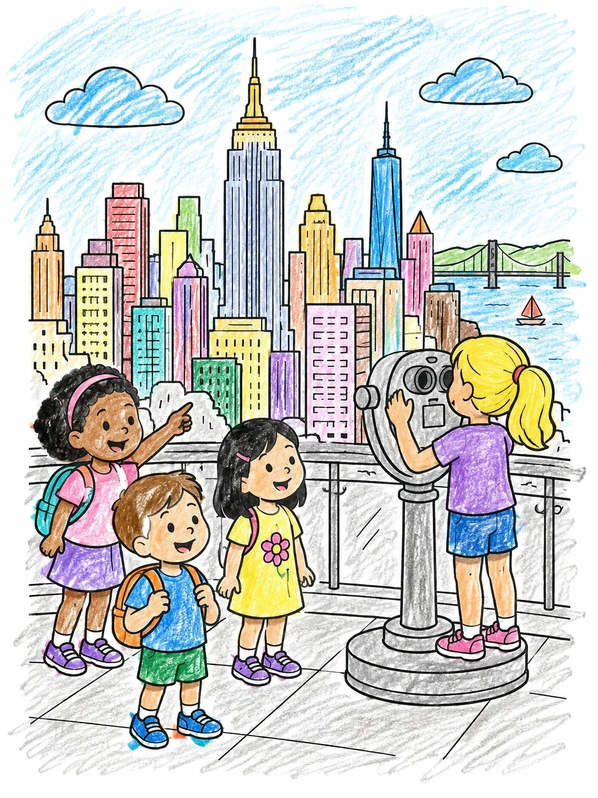 Colored example of the Kids Viewing City From Observation Deck coloring page