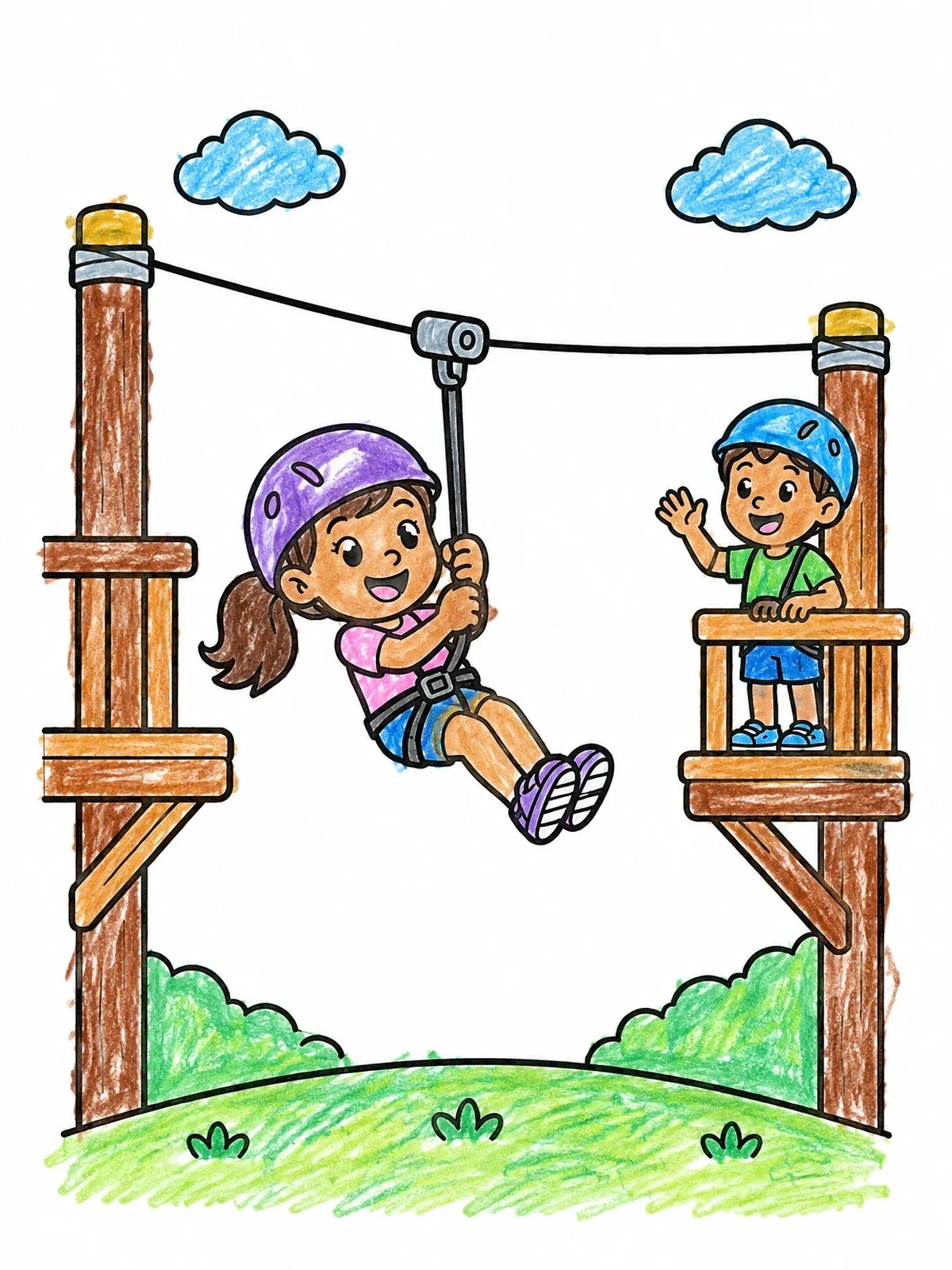 Colored example of the Kids On A Playground Zipline coloring page