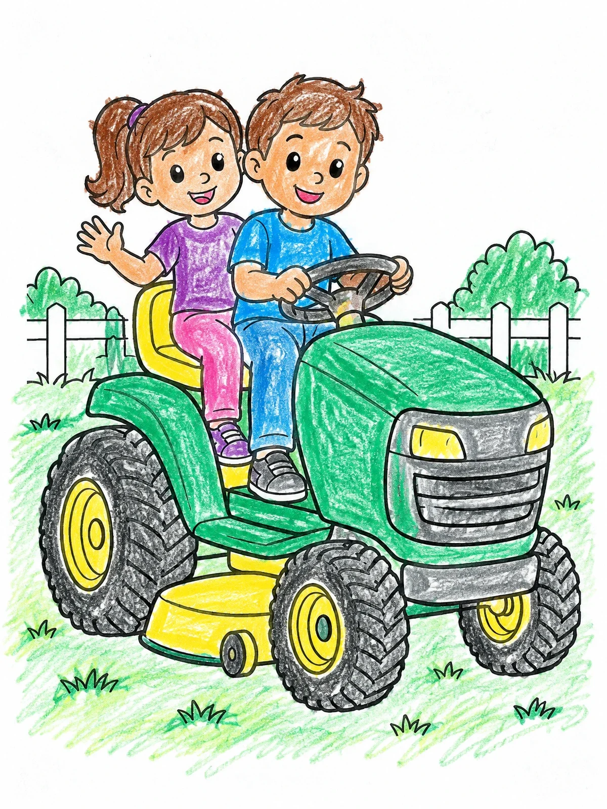 Colored example of the Kids On A Riding Lawn Mower coloring page