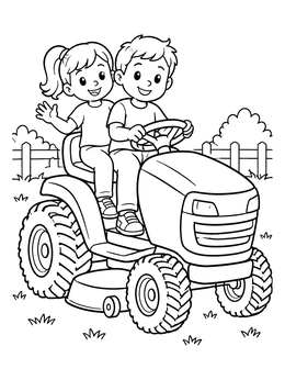 Free printable Kids On A Riding Lawn Mower coloring page