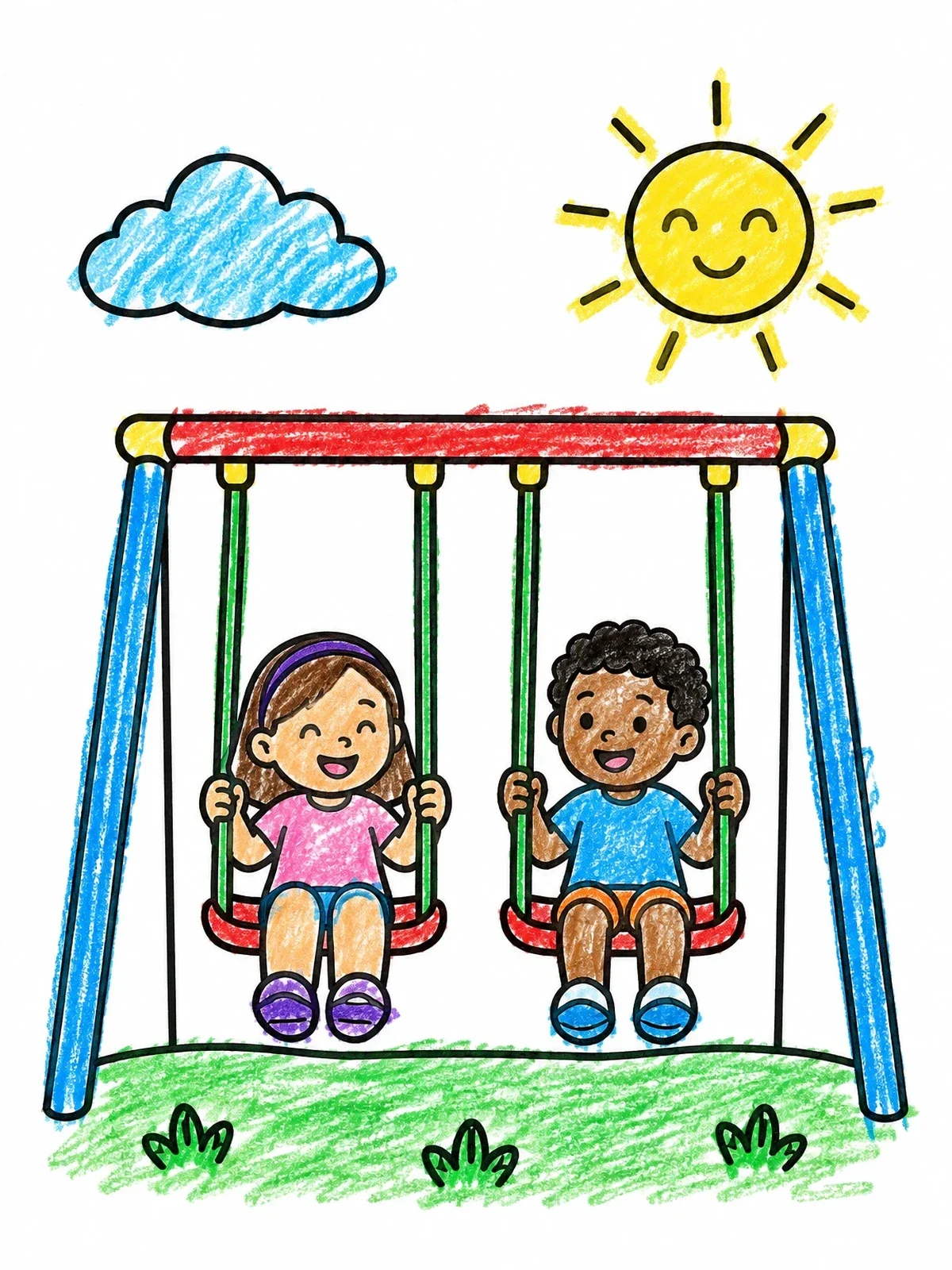 Colored example of the Children On Swing Set Under The Sun coloring page
