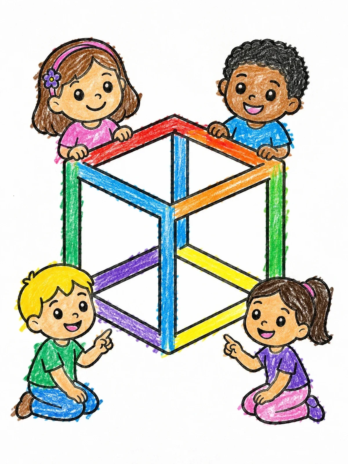 Colored example of the Children Exploring An Optical Illusion Cube coloring page