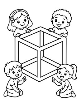 Free printable Children Exploring An Optical Illusion Cube coloring page