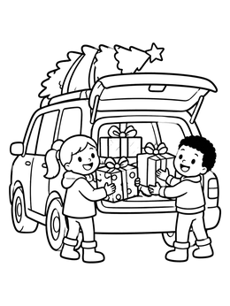 Free printable Kids Loading Christmas Gifts Into Car coloring page