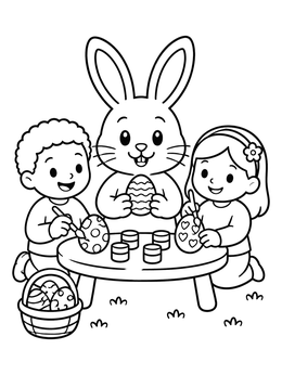 Children decorate eggs beside a friendly rabbit in this easter bunny coloring page.