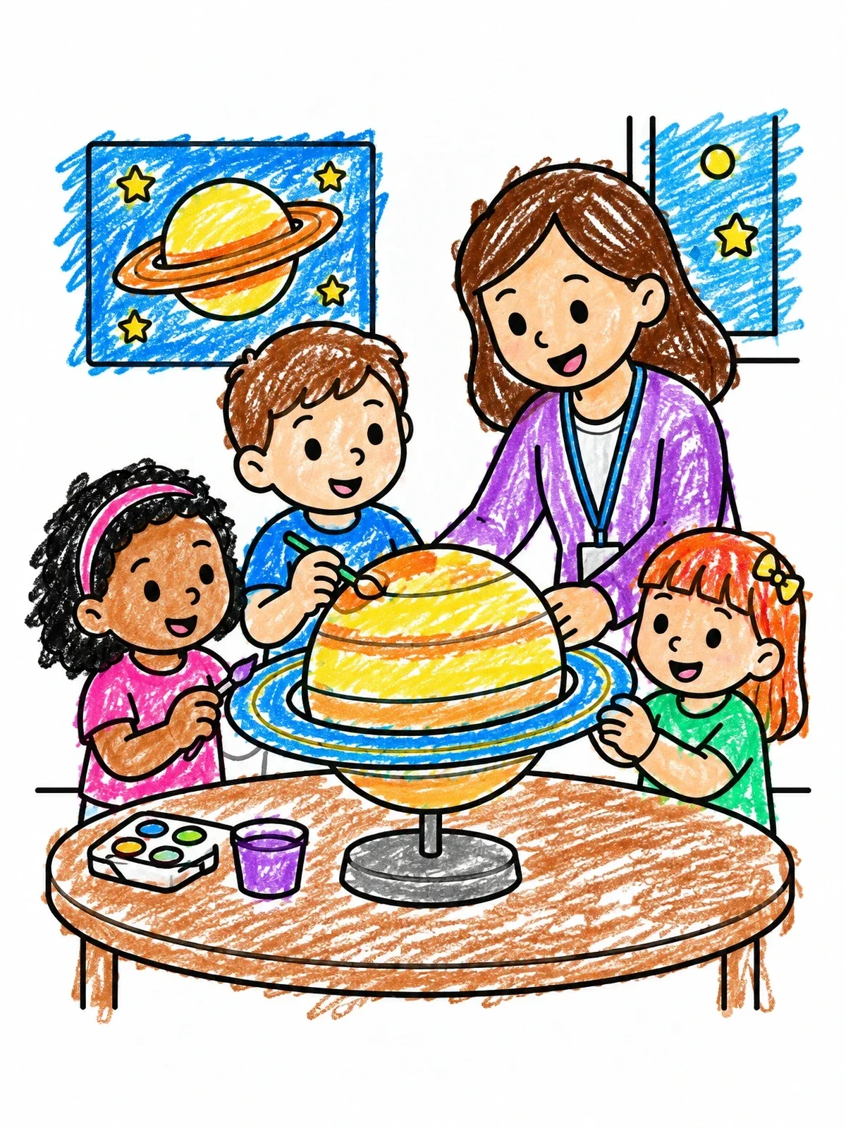 Colored example of the Kids Painting A Saturn Model coloring page