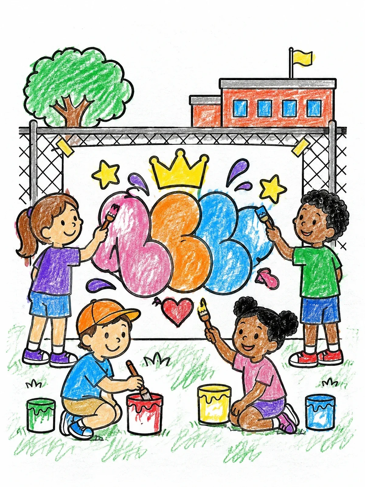 Colored example of the Kids Painting Schoolyard Graffiti Art coloring page