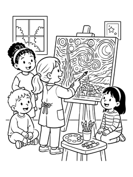 Free printable Children Painting A Starry Night Masterpiece coloring page