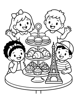 Free printable Children Enjoying Parisian Pastries And Souvenir coloring page