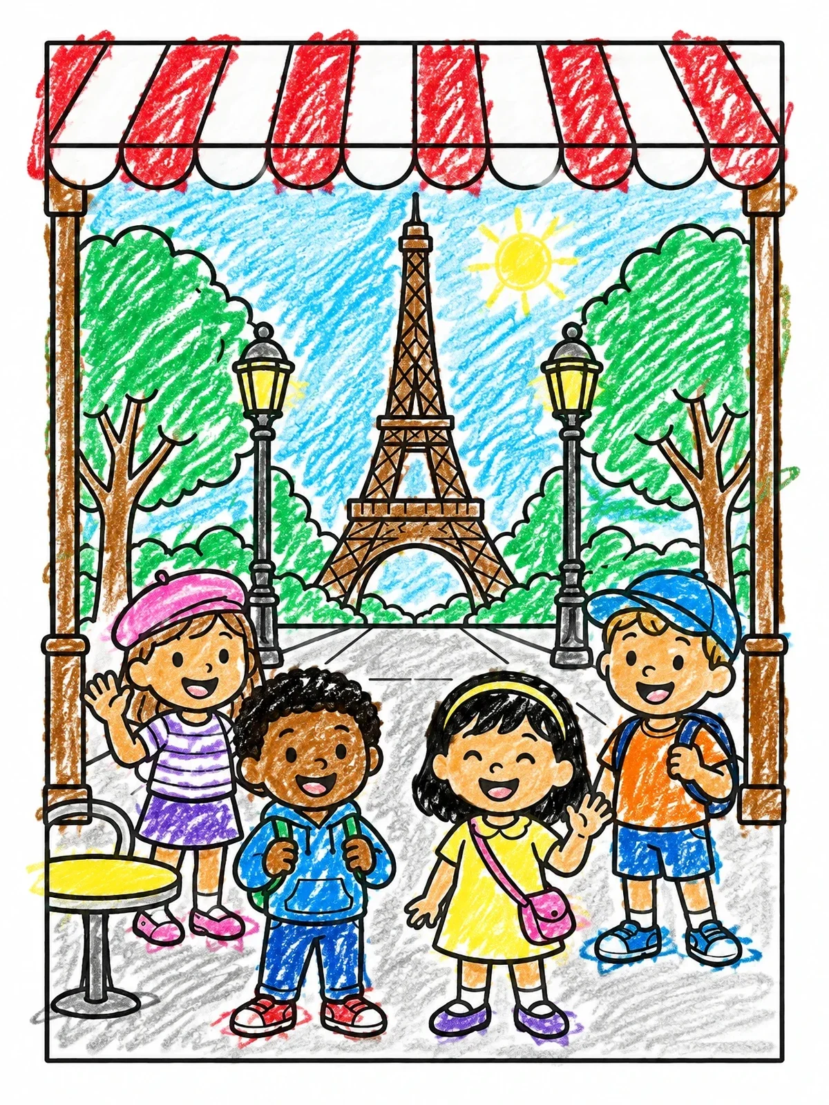 Colored example of the Kids Sightseeing By A Parisian Cafe coloring page