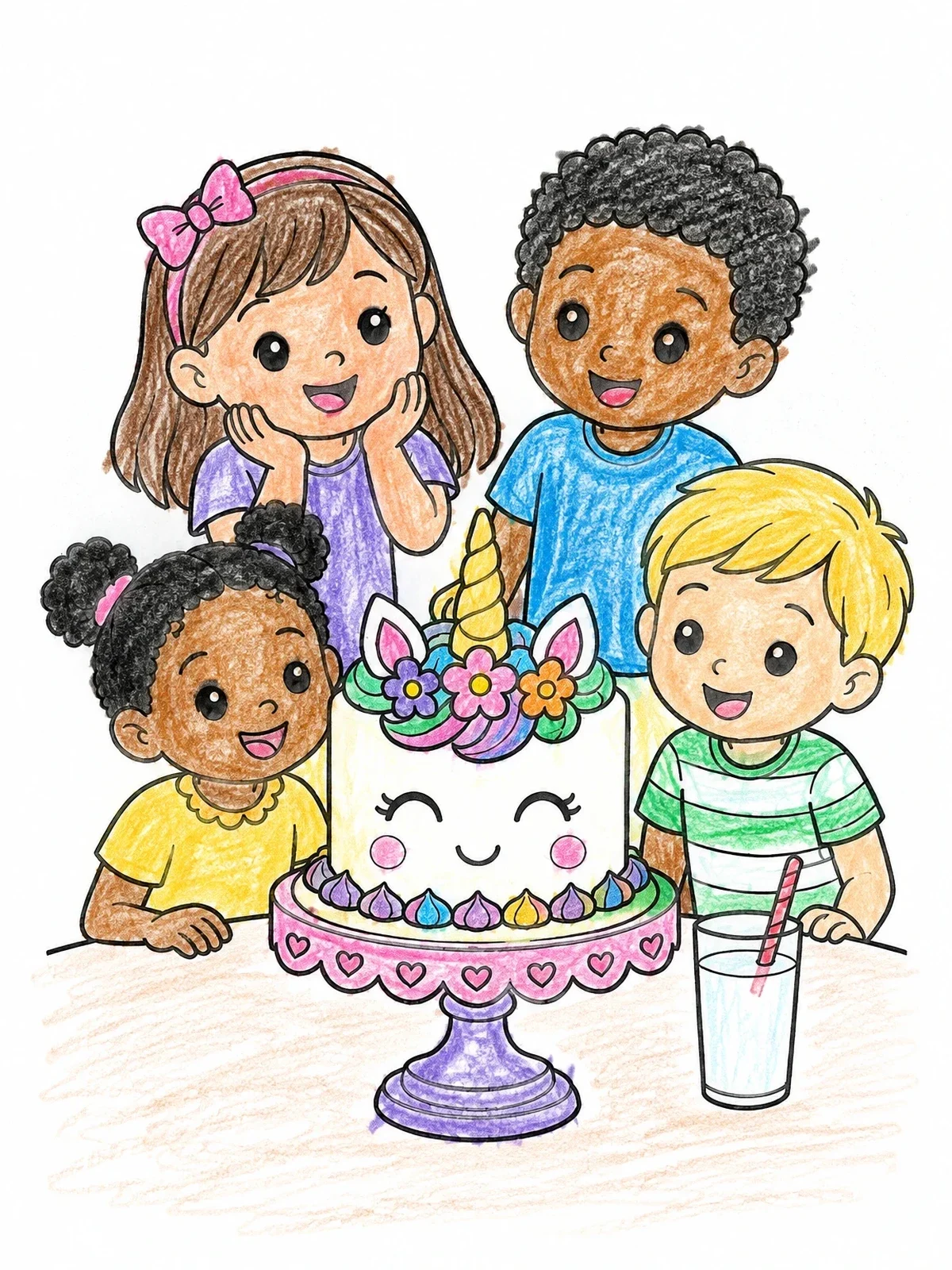 Colored example of the Kids Celebrating With Unicorn Cake coloring page