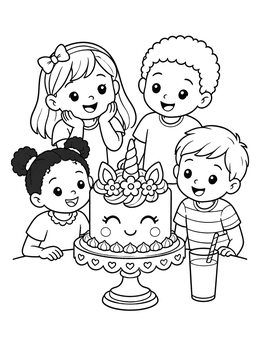 Happy children gather around a unicorn cake coloring page on a stand.