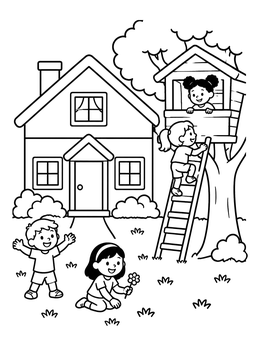 Children having fun in the yard on this playful house coloring page.