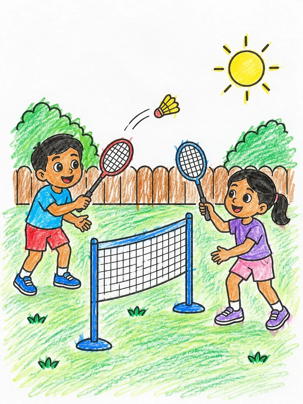 Colored example of the Kids Playing Badminton In The Garden coloring page