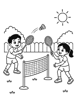 Free printable Kids Playing Badminton In The Garden coloring page