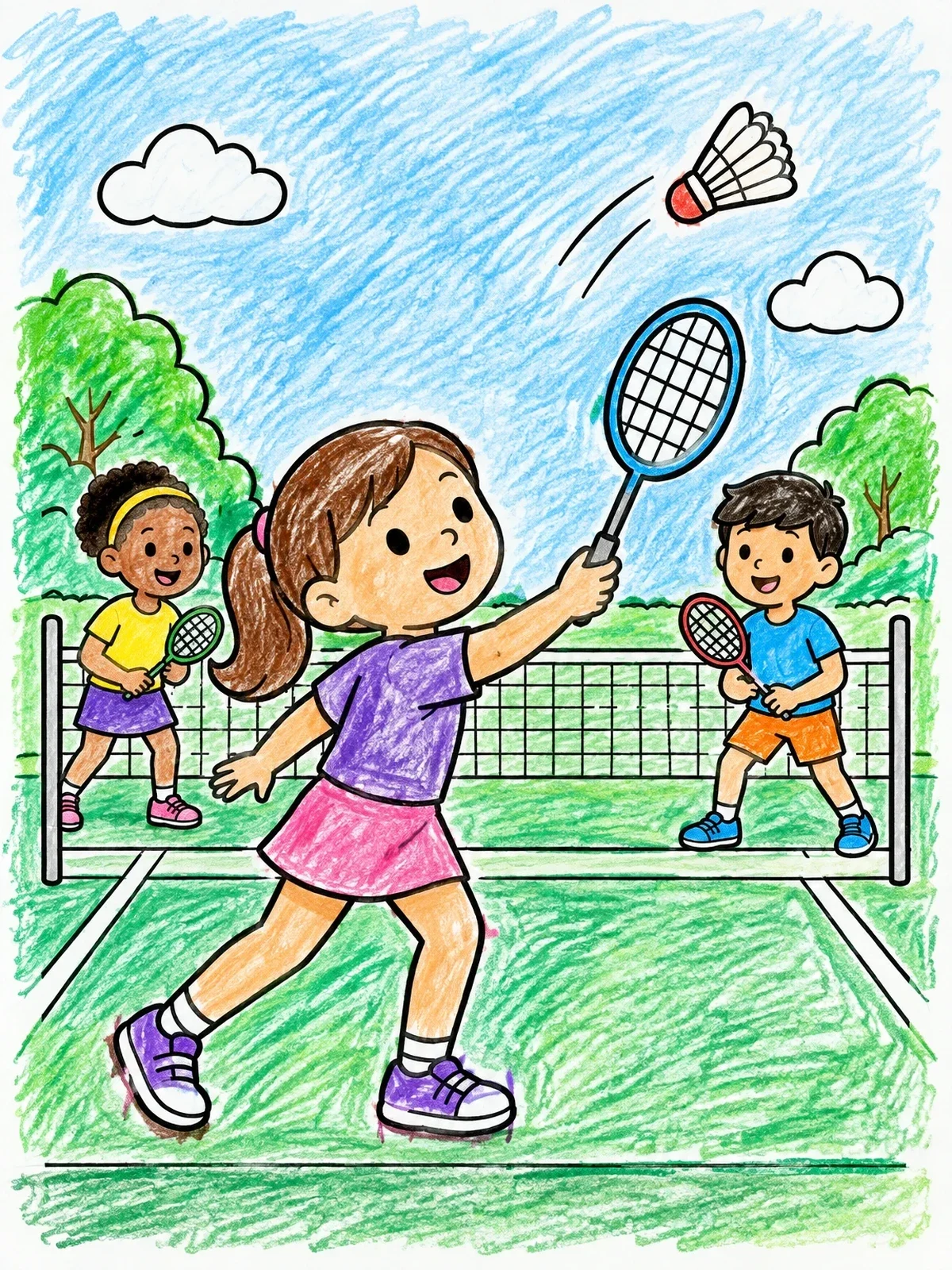 Colored example of the Kids Playing Badminton Outdoors coloring page