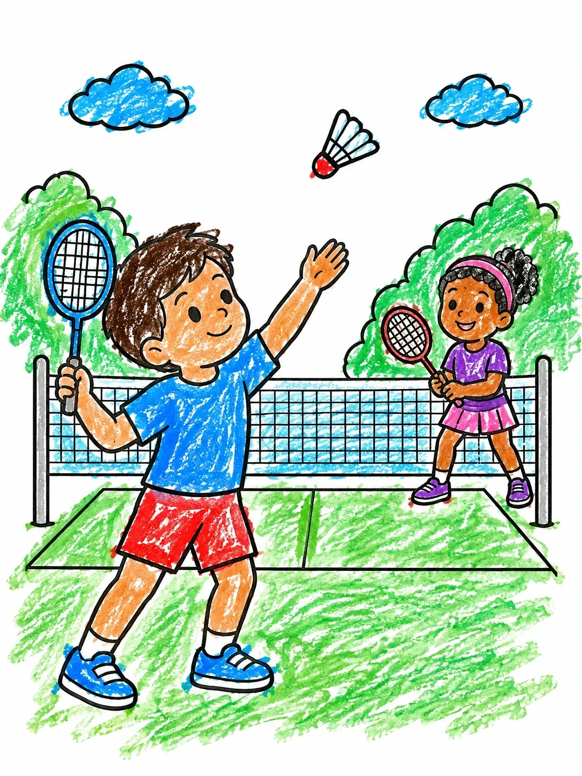 Colored example of the Kids Playing Badminton Outdoors coloring page