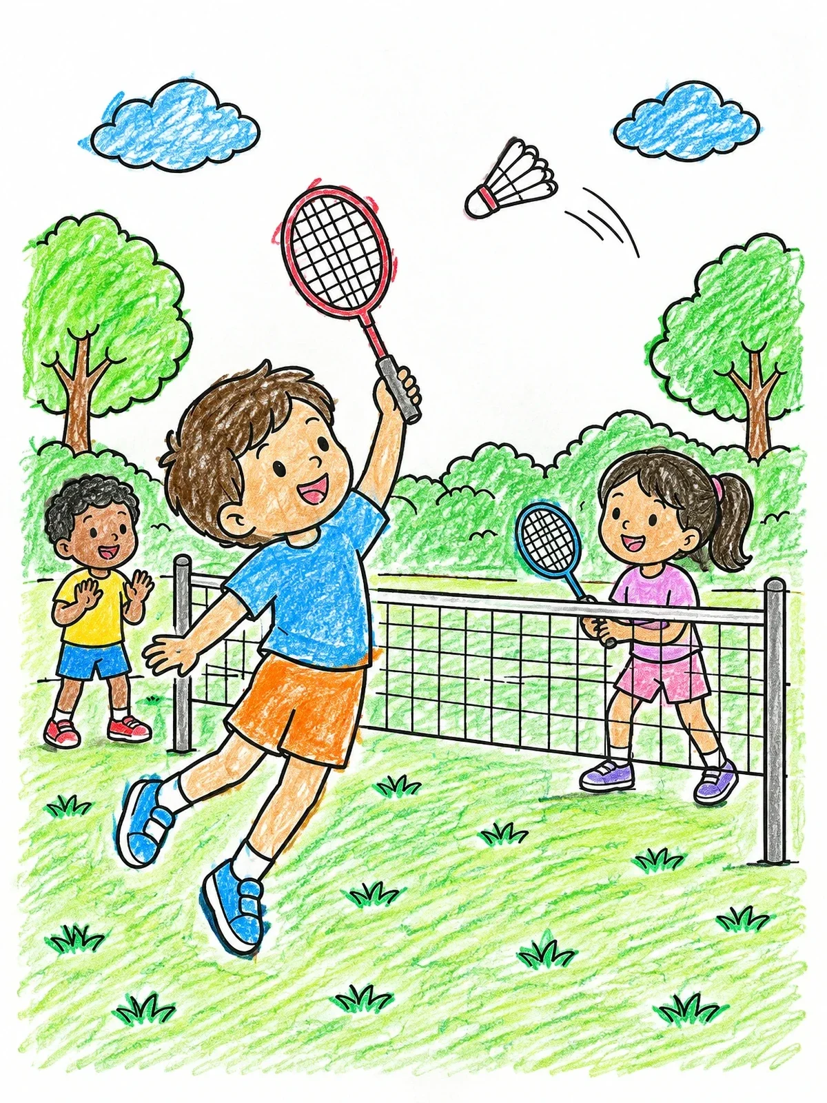 Colored example of the Kids Playing Badminton In The Park coloring page
