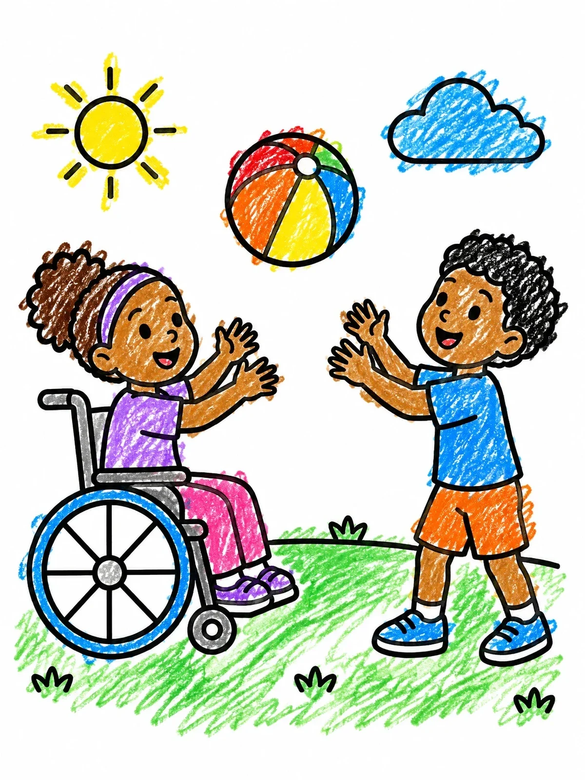 Colored example of the Friends Playing Catch In The Sunshine coloring page