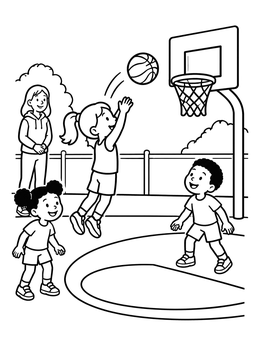 Free printable Kids Playing Basketball Together coloring page