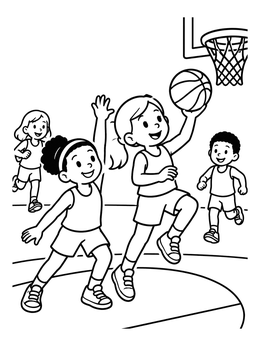 A cheerful basketball player coloring page showing a girl scoring a layup during a match with friends.