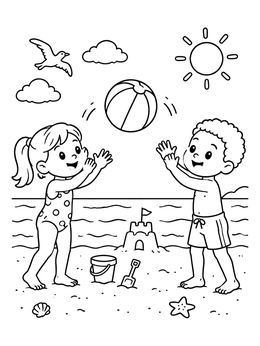 A cheerful boy and girl toss a ball on this sunny beach coloring page.