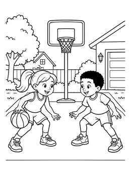 Free printable Children Playing Driveway Basketball Match coloring page