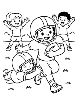 A cheerful boy runs with the ball on this football coloring page while friends cheer.