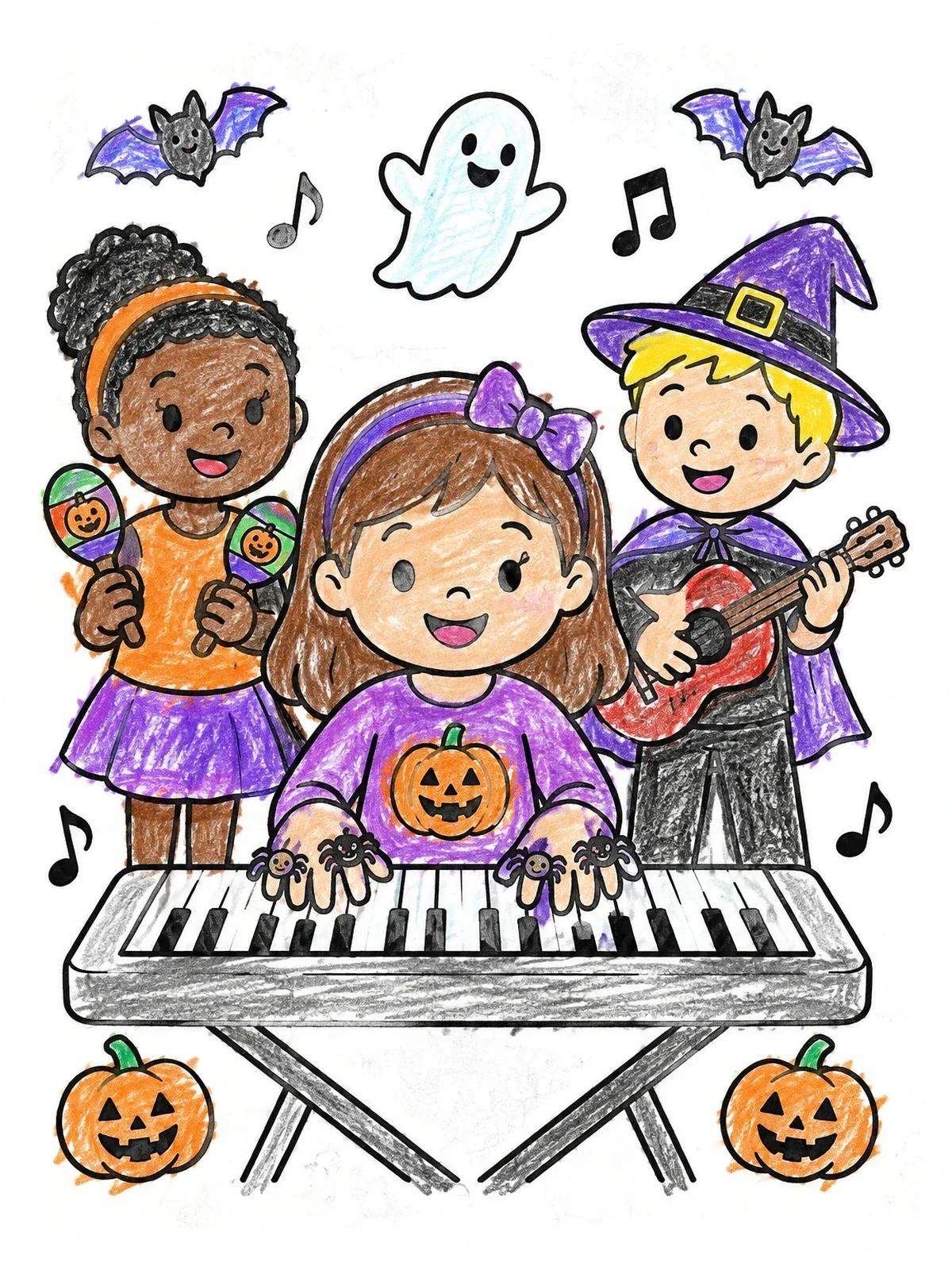 Colored example of the Kids Playing Spooky Halloween Music coloring page