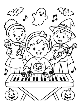 Free printable Kids Playing Spooky Halloween Music coloring page