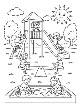 Kids play on a slide, seesaw, and sandbox in this playground coloring page under a bright sun.