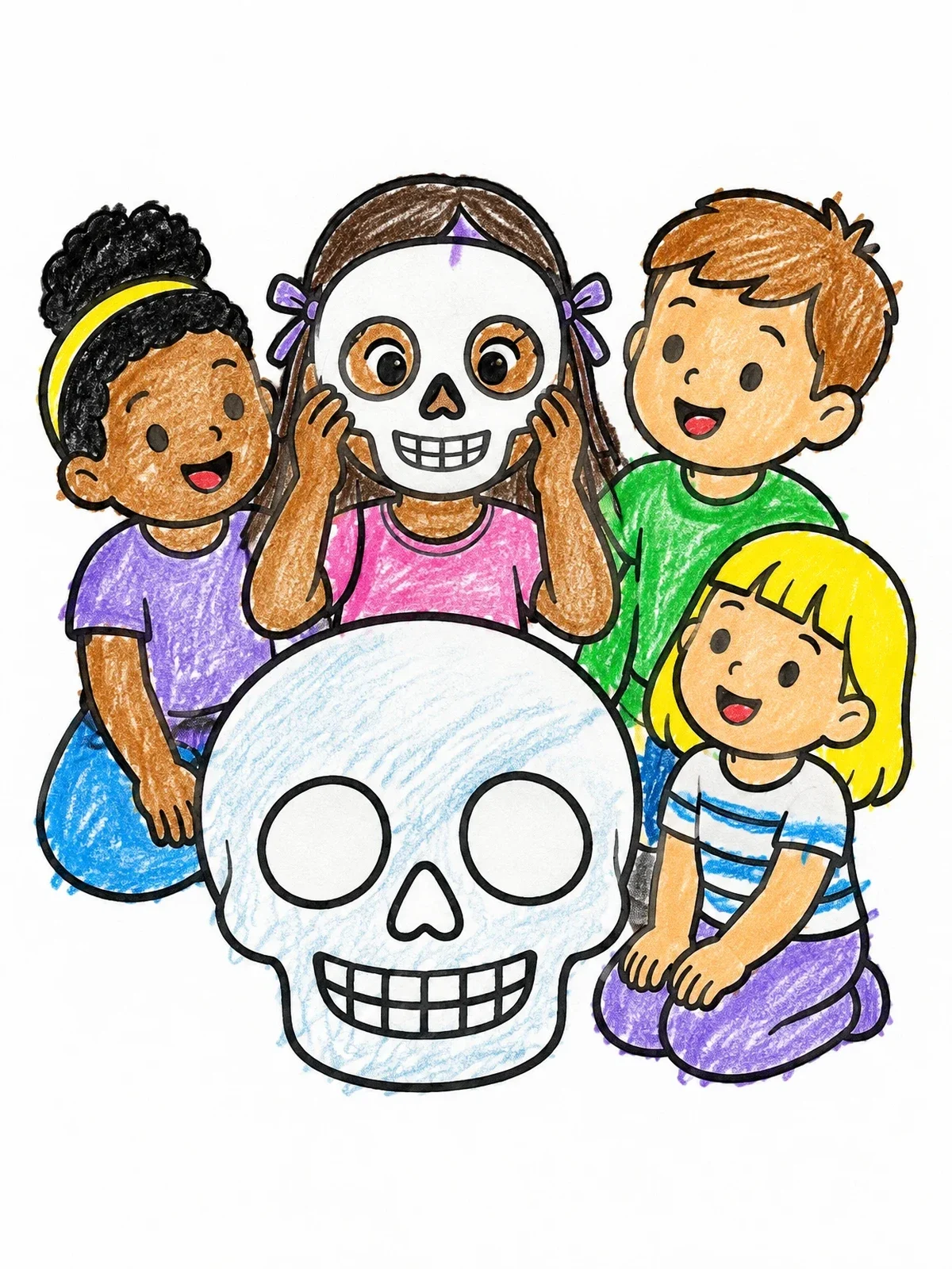 Colored example of the Children Playing With Skull Masks coloring page