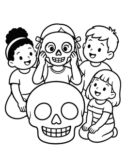 Happy children playing dress up in this fun skull coloring page.