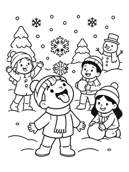 A cheerful boy catches snowflakes on this snowy day coloring page with friends outside.