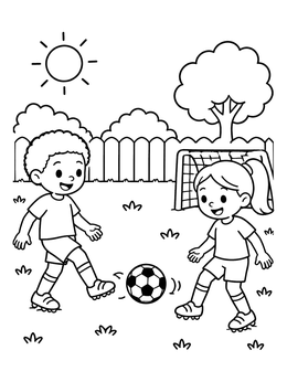 A fun soccer coloring page showing a boy and girl passing a ball outside.