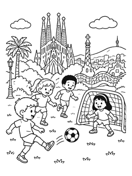 Free printable Kids Playing Soccer In Barcelona coloring page
