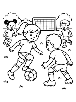 Children playing a match outdoors on this soccer coloring page.