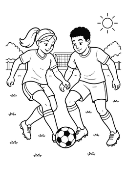 Free printable Kids Playing Soccer Together Outdoors coloring page