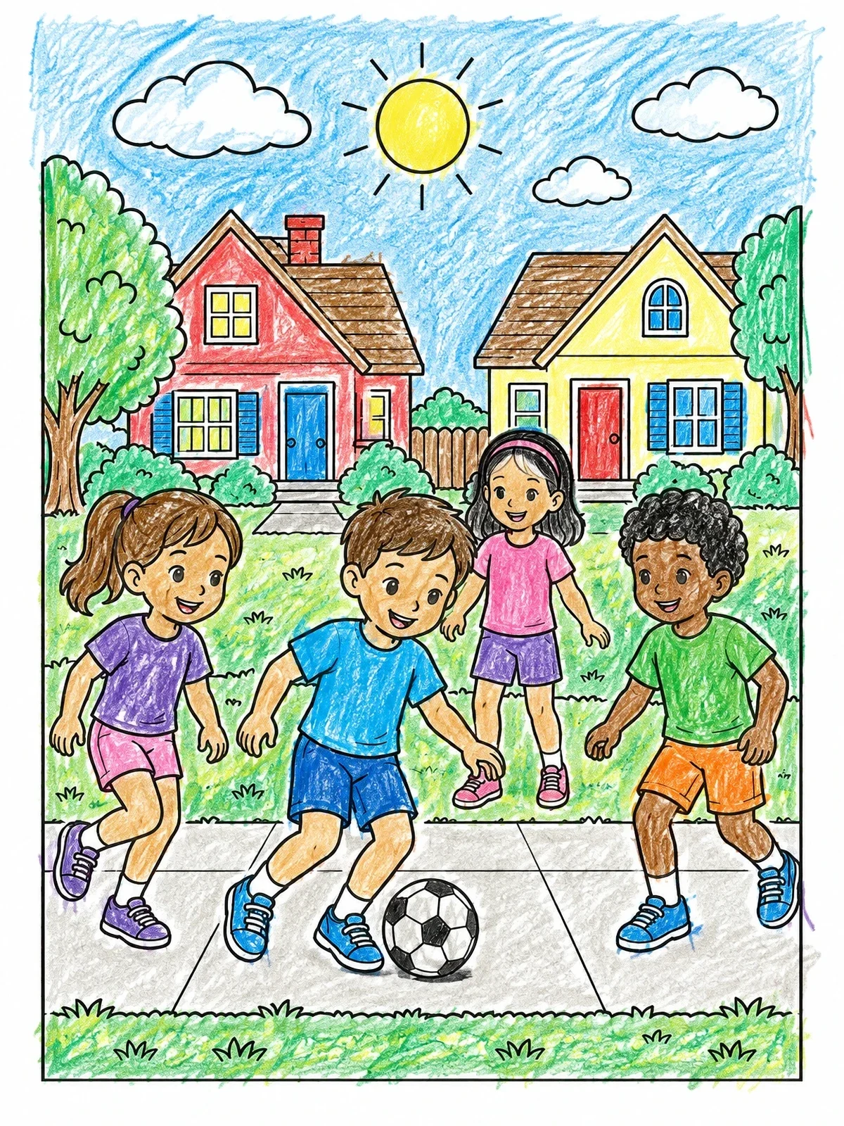 Colored example of the Kids Playing Soccer In Neighborhood coloring page