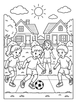 A joyful neighborhood coloring page with children playing soccer outside suburban houses.