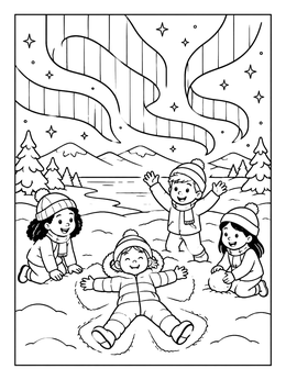 Free printable Children Playing Under Northern Lights coloring page